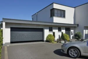 custom garage door on a contemporary two-story